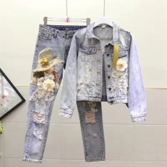 Beautiful set floral pattern denim individual clothes and trousers fashion